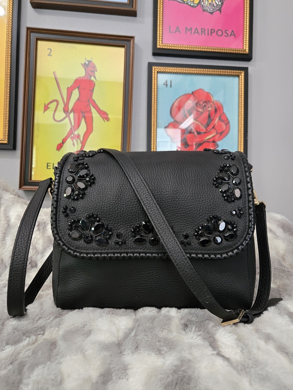 Black Kate Spade Coralie Anderson Way Embellished Satchel Crossbody Bag Purse